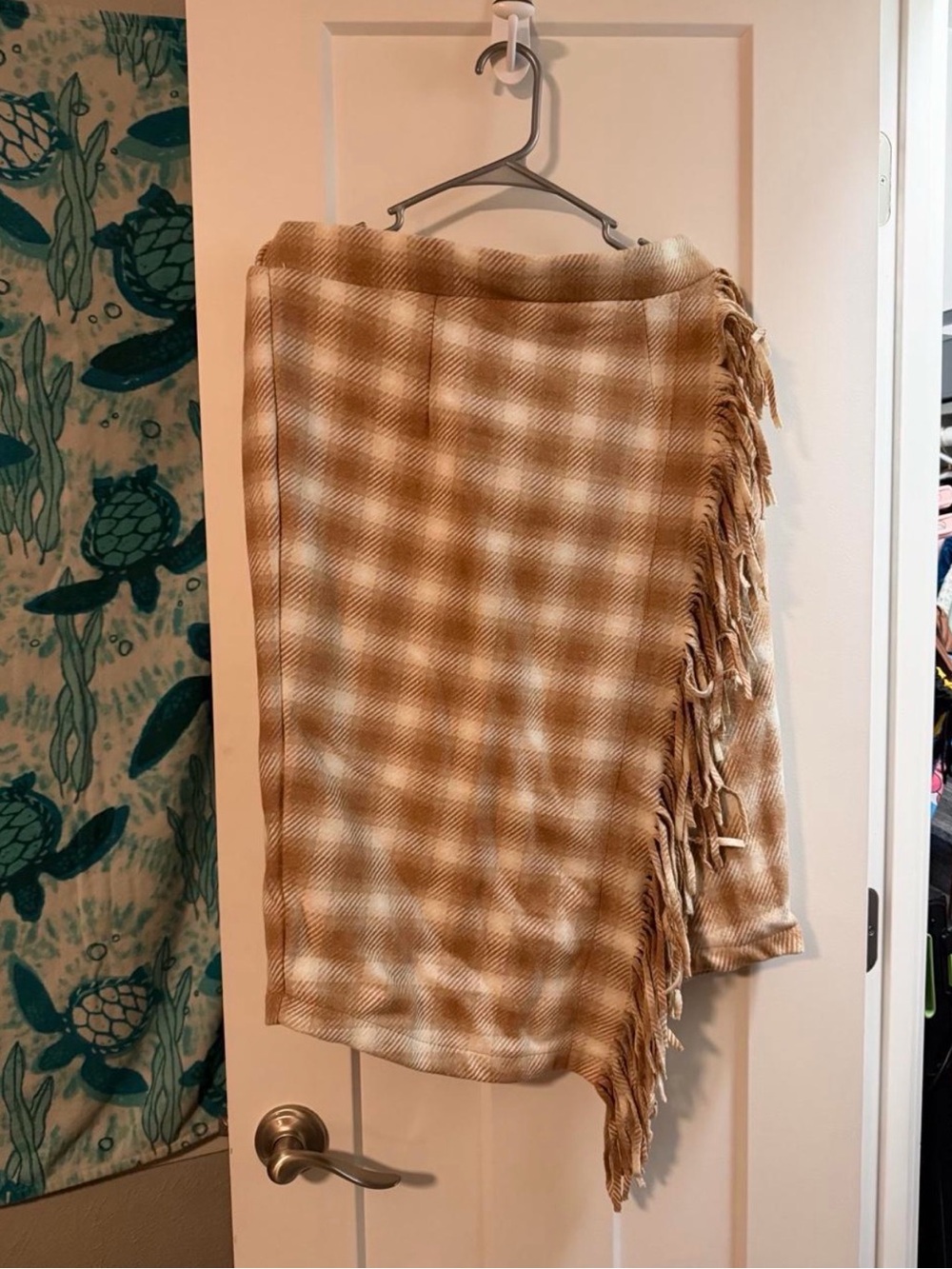 Time and Tru Tan and Cream Plaid Asymmetrical Fringe Midi Skirt